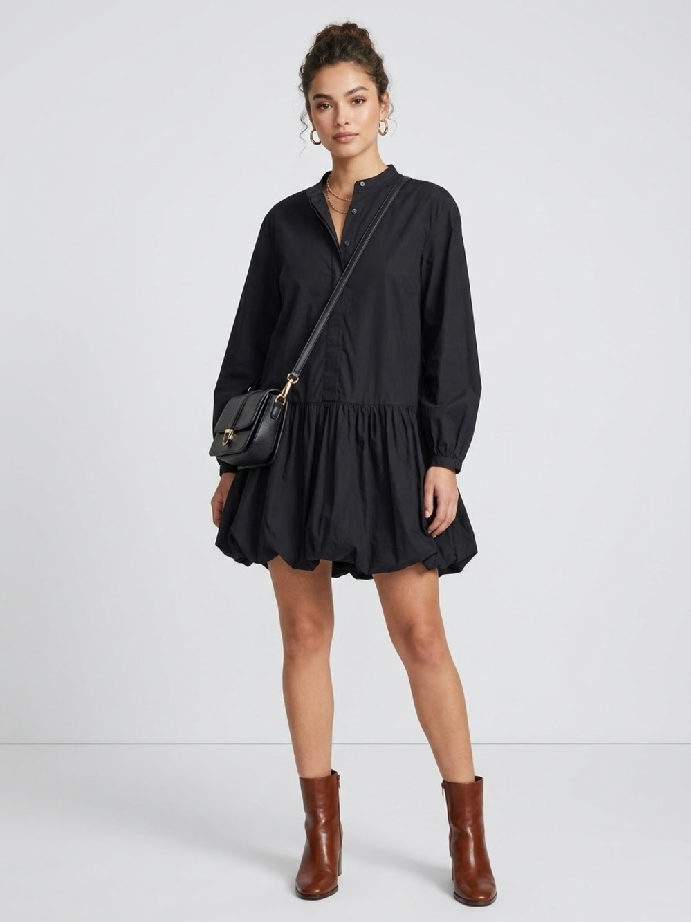 Rebecca Minkoff Black Pima Cotton Bubble Hem Drop Waist Mini Shirt Dress Small